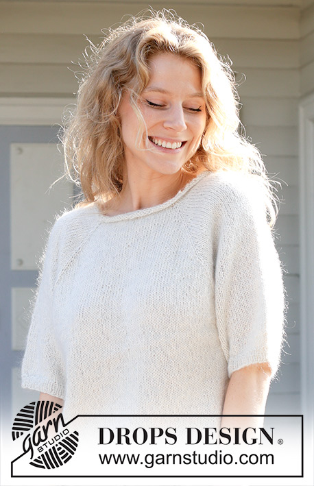 Blossom Whisper / DROPS 259-15 - Maglione lavorato ai ferri in DROPS Alpaca e DROPS Kid-Silk. Lavorato dall’alto in basso a maglia rasata, collo arrotolato, raglan e maniche corte. Taglie S - XXXL.