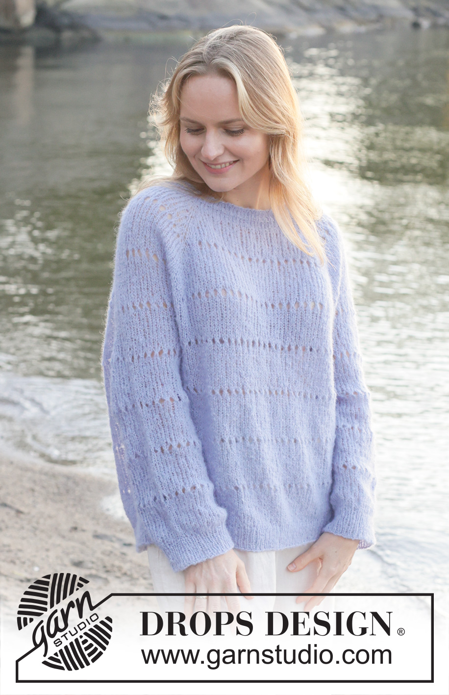 Lavender Oasis / DROPS 259-17 - Knitted over-sized jumper in DROPS Brushed Alpaca Silk. The piece is worked top down with raglan, lace pattern in stripes and rolled neck. Sizes XS - XXL.