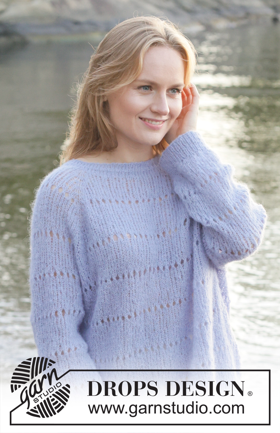 Lavender Oasis / DROPS 259-17 - Knitted over-sized jumper in DROPS Brushed Alpaca Silk. The piece is worked top down with raglan, lace pattern in stripes and rolled neck. Sizes XS - XXL.