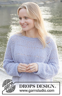Lavender Oasis / DROPS 259-17 - Knitted over-sized jumper in DROPS Brushed Alpaca Silk. The piece is worked top down with raglan, lace pattern in stripes and rolled neck. Sizes XS - XXL.