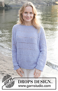 Lavender Oasis / DROPS 259-17 - Knitted over-sized jumper in DROPS Brushed Alpaca Silk. The piece is worked top down with raglan, lace pattern in stripes and rolled neck. Sizes XS - XXL.