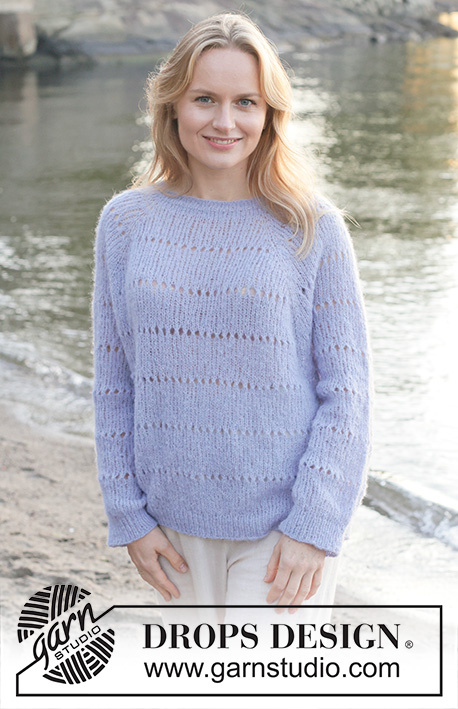 Lavender Oasis / DROPS 259-17 - Knitted over-sized jumper in DROPS Brushed Alpaca Silk. The piece is worked top down with raglan, lace pattern in stripes and rolled neck. Sizes XS - XXL.