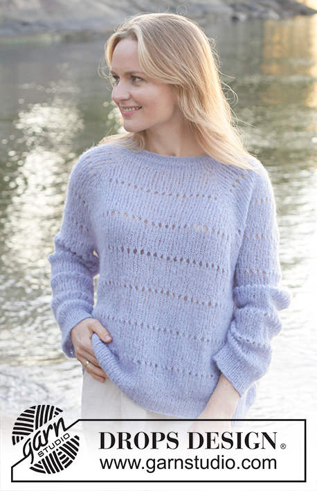 Lavender Oasis / DROPS 259-17 - Knitted over-sized jumper in DROPS Brushed Alpaca Silk. The piece is worked top down with raglan, lace pattern in stripes and rolled neck. Sizes XS - XXL.