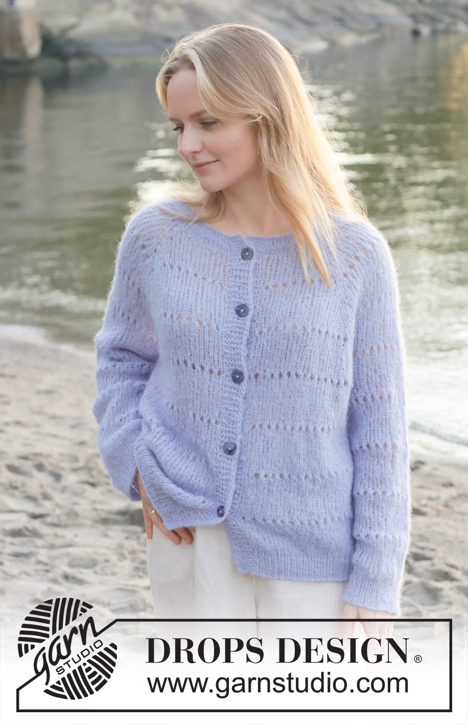 Lavender Oasis Cardigan / DROPS 259-18 - Knitted oversized jacket in DROPS Brushed Alpaca Silk. Piece is knitted top down with raglan, lace pattern in stripes, rolling edge and i-cord. Size XS – XXXL.