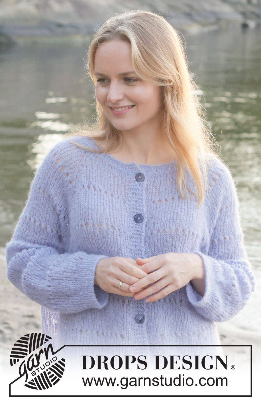 Lavender Oasis Cardigan / DROPS 259-18 - Knitted oversized jacket in DROPS Brushed Alpaca Silk. Piece is knitted top down with raglan, lace pattern in stripes, rolling edge and i-cord. Size XS – XXXL.