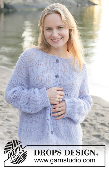 Lavender Oasis Cardigan / DROPS 259-18 - Knitted oversized jacket in DROPS Brushed Alpaca Silk. Piece is knitted top down with raglan, lace pattern in stripes, rolling edge and i-cord. Size XS – XXXL.