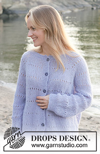 Lavender Oasis Cardigan / DROPS 259-18 - Knitted oversized jacket in DROPS Brushed Alpaca Silk. Piece is knitted top down with raglan, lace pattern in stripes, rolling edge and i-cord. Size XS – XXXL.