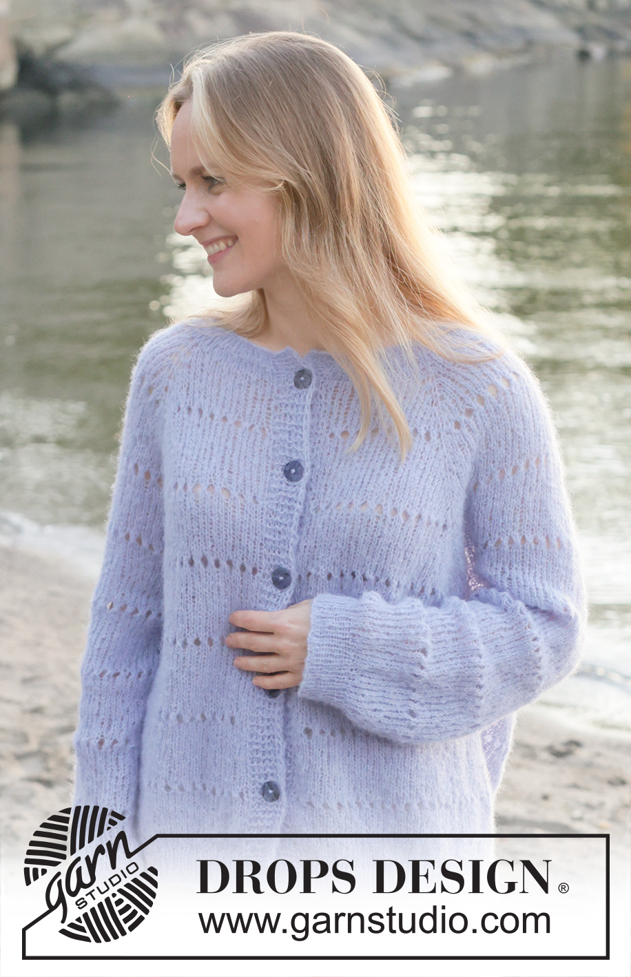 Lavender Oasis Cardigan / DROPS 259-18 - Knitted oversized jacket in DROPS Brushed Alpaca Silk. Piece is knitted top down with raglan, lace pattern in stripes, rolling edge and i-cord. Size XS – XXXL.