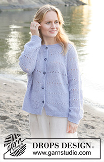 Lavender Oasis Cardigan / DROPS 259-18 - Knitted oversized jacket in DROPS Brushed Alpaca Silk. Piece is knitted top down with raglan, lace pattern in stripes, rolling edge and i-cord. Size XS – XXXL.