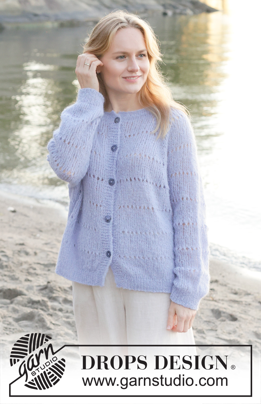 Lavender Oasis Cardigan / DROPS 259-18 - Knitted oversized jacket in DROPS Brushed Alpaca Silk. Piece is knitted top down with raglan, lace pattern in stripes, rolling edge and i-cord. Size XS – XXXL.
