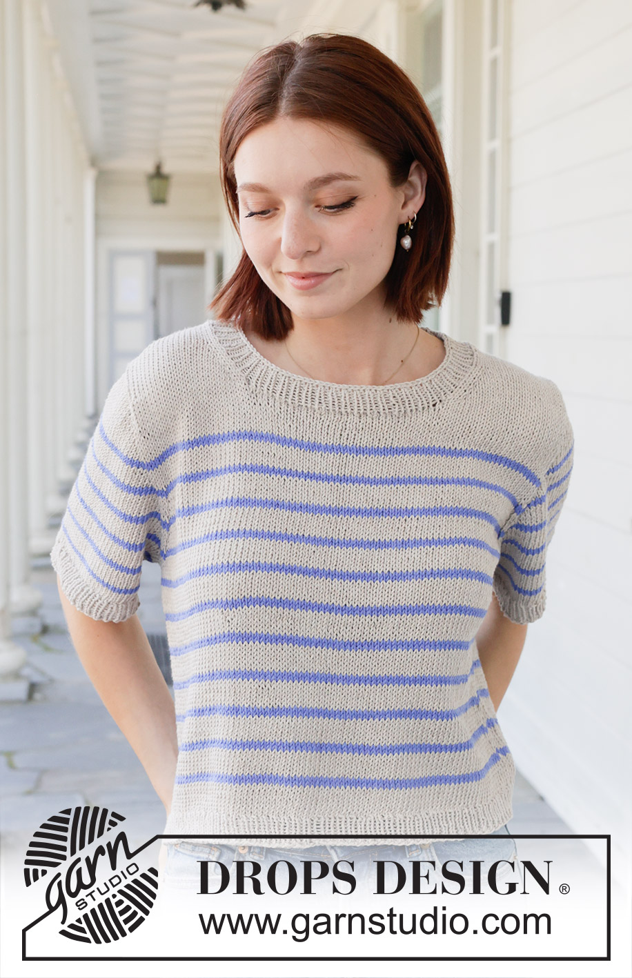 Nautical Nights Top / DROPS 259-2 - Knitted jumper in DROPS Cotton Light or DROPS Daisy. Piece is knitted top down with stripes, European yoke and short sleeves.  Size XS – XXL.