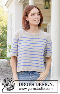 Nautical Nights Top / DROPS 259-2 - Knitted jumper in DROPS Cotton Light or DROPS Daisy. Piece is knitted top down with stripes, European yoke and short sleeves.  Size XS – XXL.