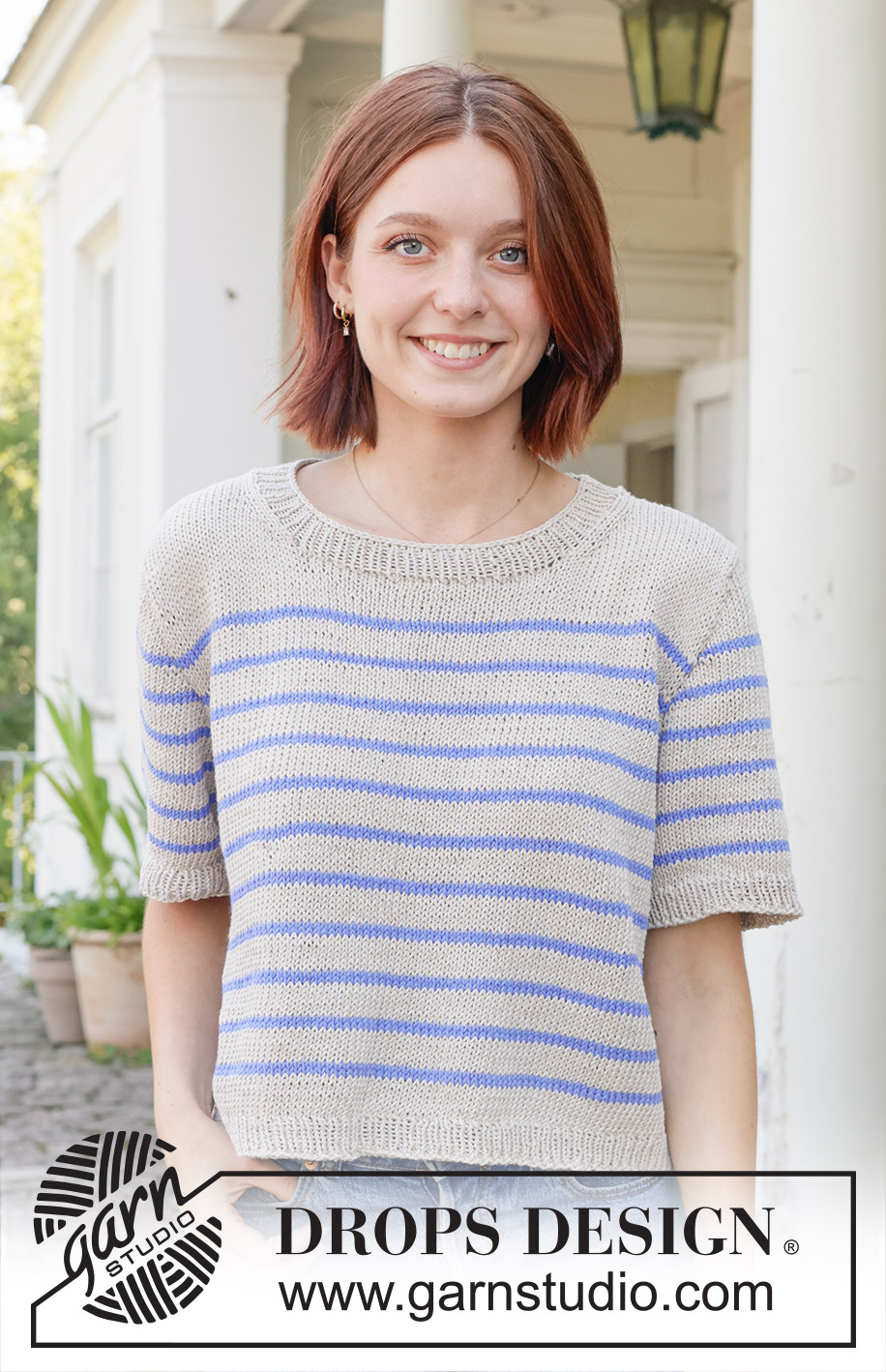 Nautical Nights Top / DROPS 259-2 - Knitted jumper in DROPS Cotton Light or DROPS Daisy. Piece is knitted top down with stripes, European yoke and short sleeves.  Size XS – XXL.