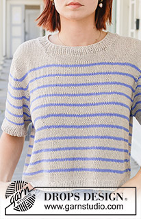 Nautical Nights Top / DROPS 259-2 - Knitted jumper in DROPS Cotton Light or DROPS Daisy. Piece is knitted top down with stripes, European yoke and short sleeves.  Size XS – XXL.