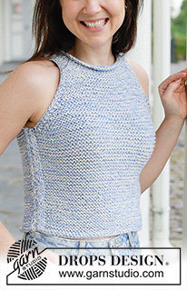 Ocean Haze Top / DROPS 259-23 - Strikket halterneck top i 2 tråde DROPS Cotton Merino. Arbejdet strikkes nedefra og op i retstrik med i-cord, rullekanter og slids midt bagpå. Størrelse S - XXXL.