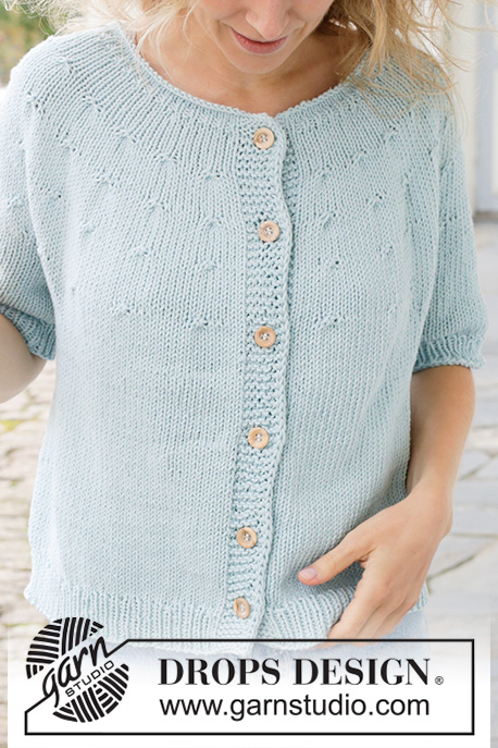 Beaded Sky Cardigan / DROPS 259-26 - Knitted jacket with short sleeves in DROPS Paris. The piece is worked top down with stocking stitch, round yoke, rolled neck and I-cord. Sizes S - XXXL.