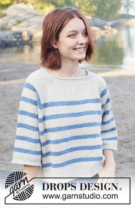 Hidden Seaside / DROPS 259-29 - Maglione lavorato ai ferri in DROPS Soft Tweed. Lavorato dall’alto in basso con raglan, strisce e bordi arrotolati. Taglie S - XXXL.