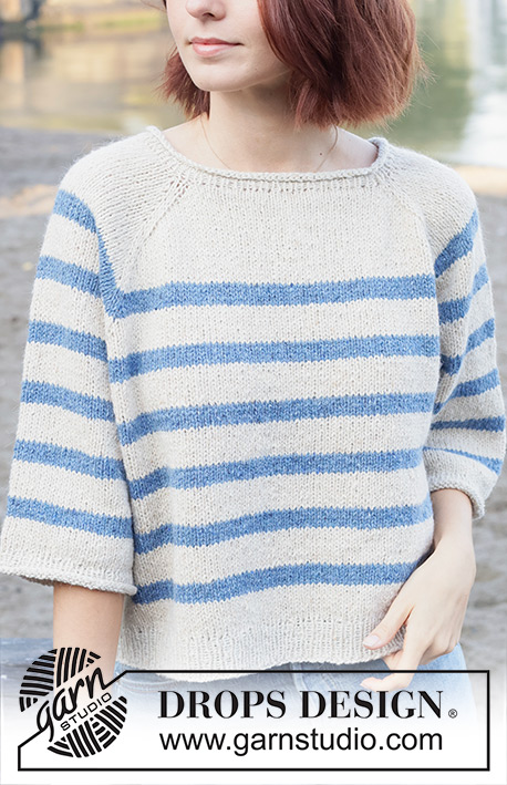 Hidden Seaside / DROPS 259-29 - Maglione lavorato ai ferri in DROPS Soft Tweed. Lavorato dall’alto in basso con raglan, strisce e bordi arrotolati. Taglie S - XXXL.