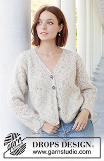 Snowy Sparkles Cardigan / DROPS 259-32 - Strikket jakke i DROPS Fabel og DROPS Brushed Alpaca Silk. Arbeidet strikkes nedenfra og opp i glattstrikk, v-hals, i-cord og oppstrikkede ermer. Størrelse XS - XXL.