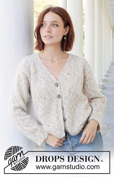 Snowy Sparkles Cardigan / DROPS 259-32 - Strikket jakke i DROPS Fabel og DROPS Brushed Alpaca Silk. Arbeidet strikkes nedenfra og opp i glattstrikk, v-hals, i-cord og oppstrikkede ermer. Størrelse XS - XXL.