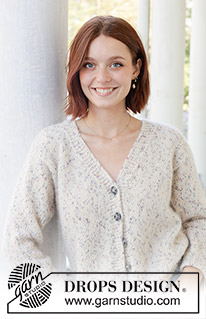 Snowy Sparkles Cardigan / DROPS 259-32 - Strikket jakke i DROPS Fabel og DROPS Brushed Alpaca Silk. Arbeidet strikkes nedenfra og opp i glattstrikk, v-hals, i-cord og oppstrikkede ermer. Størrelse XS - XXL.