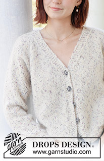 Snowy Sparkles Cardigan / DROPS 259-32 - Strikket jakke i DROPS Fabel og DROPS Brushed Alpaca Silk. Arbeidet strikkes nedenfra og opp i glattstrikk, v-hals, i-cord og oppstrikkede ermer. Størrelse XS - XXL.