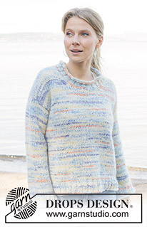 Sunny Seaside / DROPS 259-35 - Knitted jumper in DROPS Fiesta and DROPS Brushed Alpaca Silk. The piece is worked top down with diagonal/European shoulders, split in sides and rolled edges. Sizes XS - XXL.