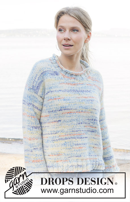 Sunny Seaside / DROPS 259-35 - Knitted jumper in DROPS Fiesta and DROPS Brushed Alpaca Silk. The piece is worked top down with diagonal/European shoulders, split in sides and rolled edges. Sizes XS - XXL.