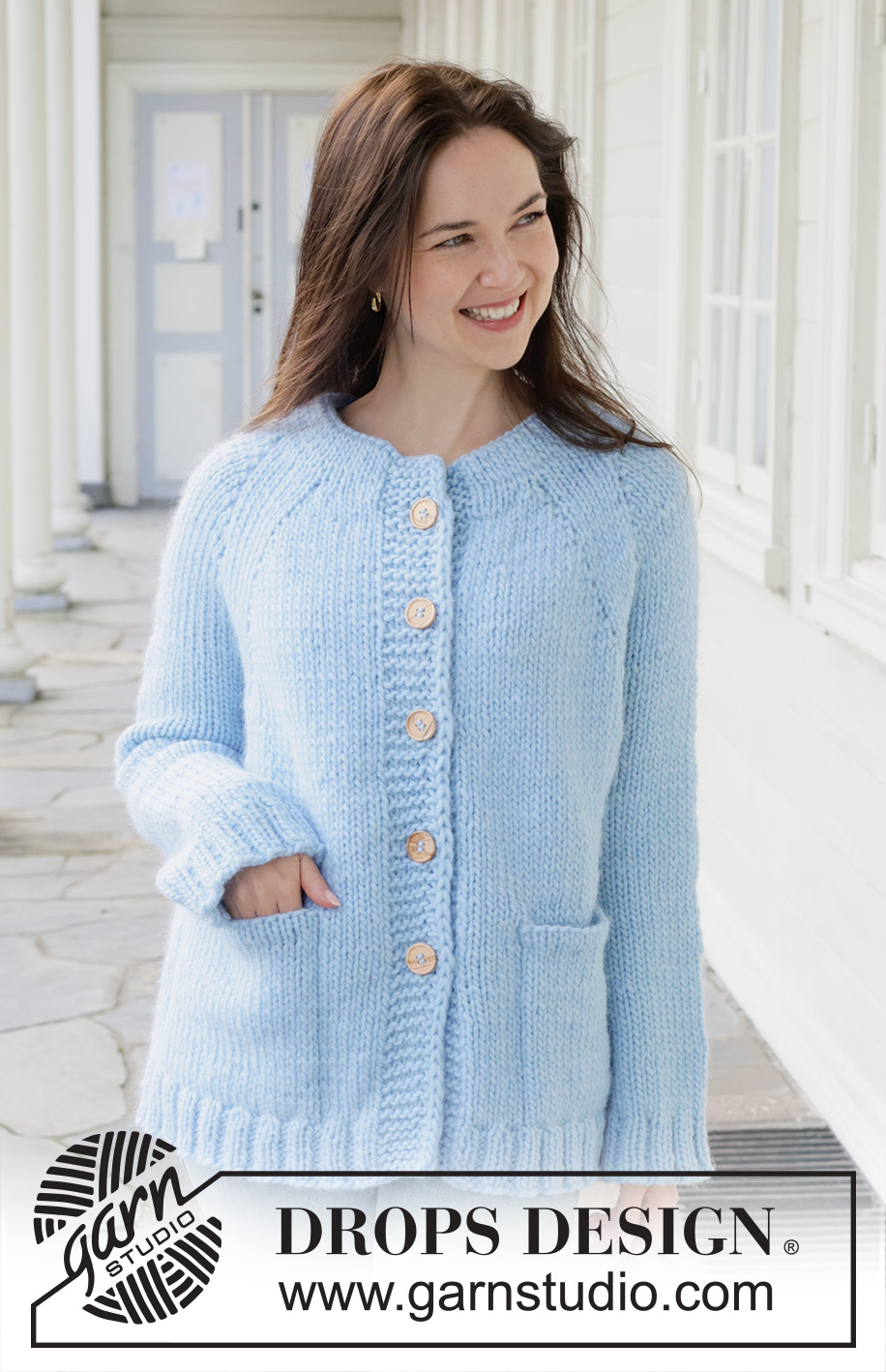 Blue Bliss Cardigan / DROPS 259-37 - Knitted long oversized jacket in DROPS Snow. Piece is knitted top down in stocking stitch with double neck edge, raglan, pockets and I-cord. Size XS – XXXL.
