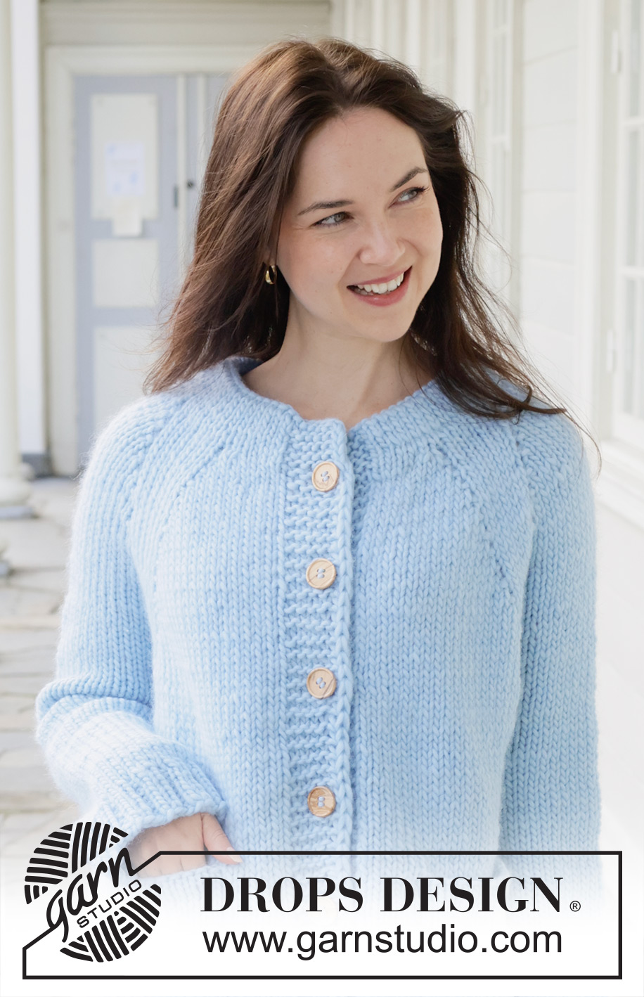 Blue Bliss Cardigan / DROPS 259-37 - Knitted long oversized jacket in DROPS Snow. Piece is knitted top down in stocking stitch with double neck edge, raglan, pockets and I-cord. Size XS – XXXL.