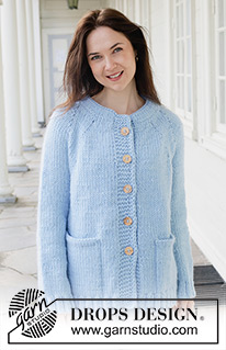 Blue Bliss Cardigan / DROPS 259-37 - Knitted long oversized jacket in DROPS Snow. Piece is knitted top down in stocking stitch with double neck edge, raglan, pockets and I-cord. Size XS – XXXL.