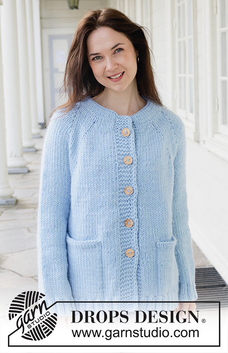 Blue Bliss Cardigan / DROPS 259-37 - Knitted long oversized jacket in DROPS Snow. Piece is knitted top down in stocking stitch with double neck edge, raglan, pockets and I-cord. Size XS – XXXL.