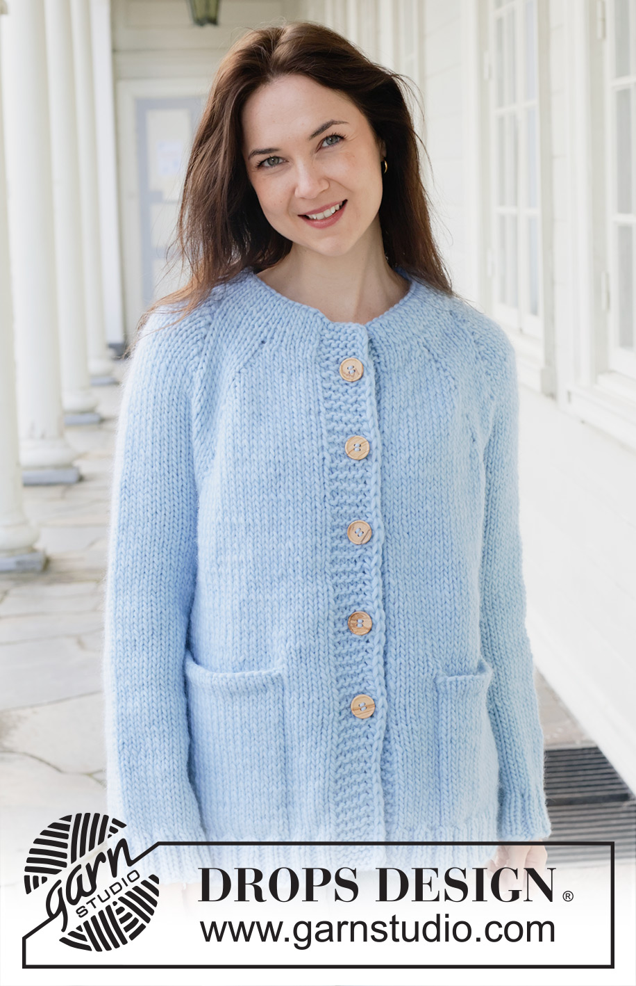 Blue Bliss Cardigan / DROPS 259-37 - Knitted long oversized jacket in DROPS Snow. Piece is knitted top down in stocking stitch with double neck edge, raglan, pockets and I-cord. Size XS – XXXL.