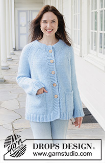Blue Bliss Cardigan / DROPS 259-37 - Knitted long oversized jacket in DROPS Snow. Piece is knitted top down in stocking stitch with double neck edge, raglan, pockets and I-cord. Size XS – XXXL.