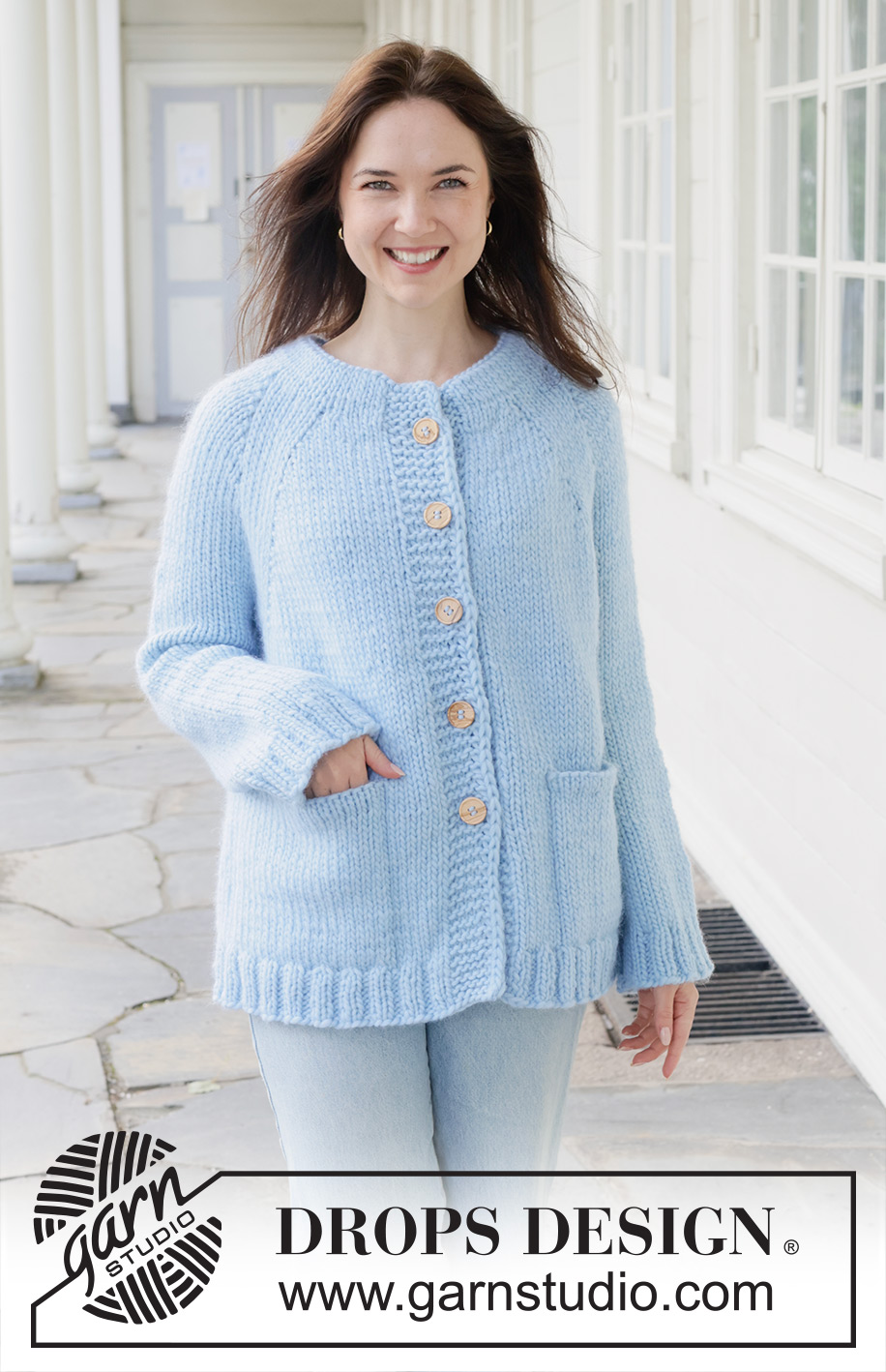 Blue Bliss Cardigan / DROPS 259-37 - Knitted long oversized jacket in DROPS Snow. Piece is knitted top down in stocking stitch with double neck edge, raglan, pockets and I-cord. Size XS – XXXL.