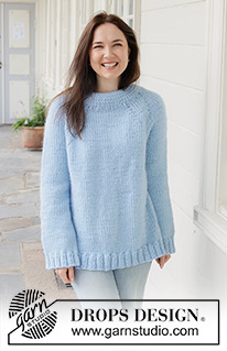 Blue Bliss Sweater / DROPS 259-38 - Knitted long oversized jumper in DROPS Snow. Piece is knitted top down in stocking stitch with double neck edge and raglan. Size XS – XXXL.