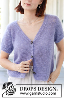 Violet Reverie Cardigan / DROPS 259-4 - Stickad kofta i 2 trådar DROPS Kid-Silk. Arbetet stickas nerifrån och upp i slätstickning med korta isydda ärmar och v-hals. Storlek XS - XXL.
