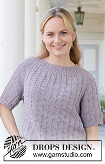 Lavender Sway / DROPS 259-41 - Raglánový pulovr s kruhovým sedlem, plastickým vzorem a krátkými rukávy pletený shora dolů z příze DROPS Cotton Light. Velikosti: S - XXXL.