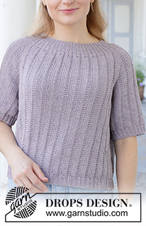 Lavender Sway / DROPS 259-41 - Raglánový pulovr s kruhovým sedlem, plastickým vzorem a krátkými rukávy pletený shora dolů z příze DROPS Cotton Light. Velikosti: S - XXXL.