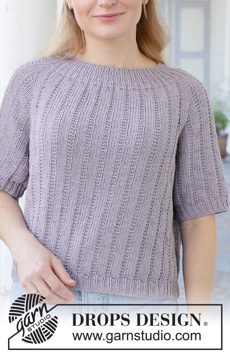 Lavender Sway / DROPS 259-41 - Raglánový pulovr s kruhovým sedlem, plastickým vzorem a krátkými rukávy pletený shora dolů z příze DROPS Cotton Light. Velikosti: S - XXXL.