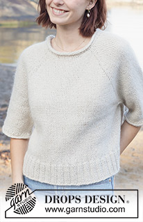Misty Hill / DROPS 259-43 - Ylhäältä alas neulottu pusero DROPS Soft Tweed- ja DROPS Kid-Silk -langoista. Työssä on raglanlinjat, sileää neuletta ja lyhyet hihat. Koot S - XXXL.