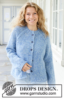 Frosted Sky Cardigan / DROPS 259-6 - Cardigan lavorato ai ferri in 4 capi di DROPS Kid-Silk. Lavorato dall’alto in basso con raglan, trecce, bordi arrotolati e I-cord. Taglie S - XXXL.