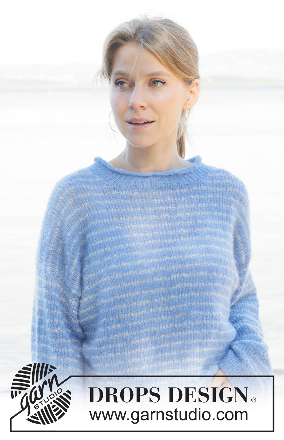 Neptune Rings / DROPS 259-8 - Knitted jumper in DROPS Brushed Alpaca Silk. The piece is worked top down with diagonal/European shoulders, stripes and rolled neck. Sizes S - XXXL.