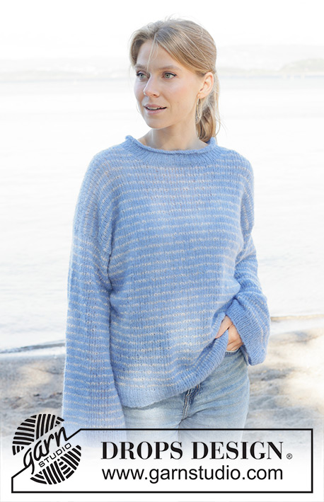 Neptune Rings / DROPS 259-8 - Knitted jumper in DROPS Brushed Alpaca Silk. The piece is worked top down with diagonal/European shoulders, stripes and rolled neck. Sizes S - XXXL.