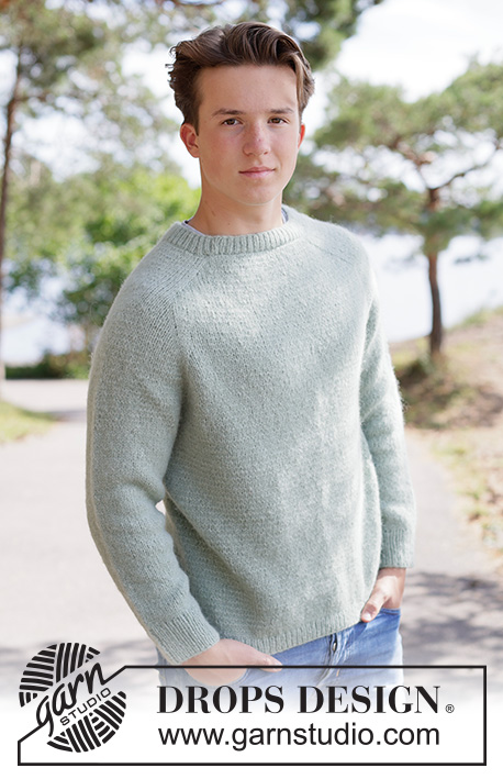 Sage Whisper Sweater / DROPS 260-1 - Knitted sweater for men in DROPS Air. Piece is knitted top down in stockinette stitch with saddle shoulders. Size XS – XXXL.