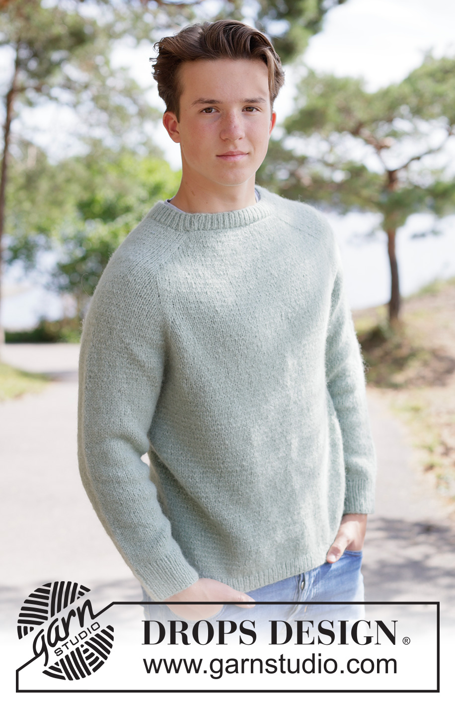 Sage Whisper Sweater / DROPS 260-1 - Knitted sweater for men in DROPS Air. Piece is knitted top down in stockinette stitch with saddle shoulders. Size XS – XXXL.