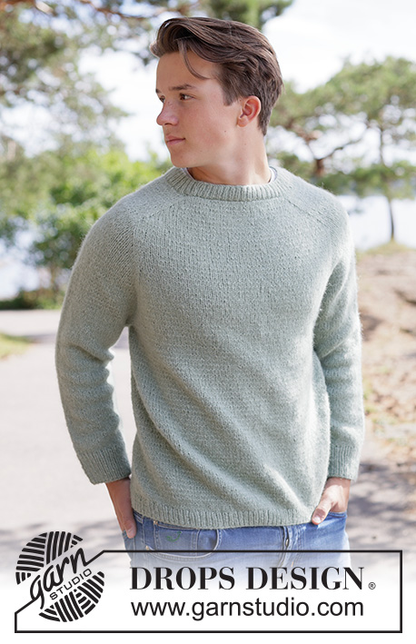 Sage Whisper Sweater / DROPS 260-1 - Knitted sweater for men in DROPS Air. Piece is knitted top down in stockinette stitch with saddle shoulders. Size XS – XXXL.