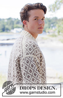 Diamond Love Sweater / DROPS 260-10 - Knitted sweater for men in DROPS Fiesta. Piece is knitted top down with European shoulders / diagonal shoulders, Nordic pattern and double neck edge. Size: S - XXXL