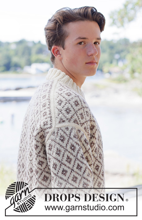 Diamond Love Sweater / DROPS 260-10 - Knitted sweater for men in DROPS Fiesta. Piece is knitted top down with European shoulders / diagonal shoulders, Nordic pattern and double neck edge. Size: S - XXXL