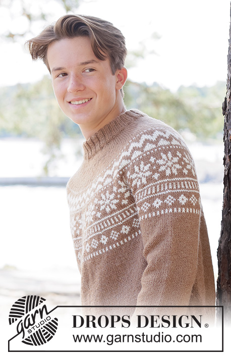 Maple Whisper Sweater / DROPS 260-12 - Pull tricoté pour homme en DROPS Lima ou en DROPS Karisma. Se tricote de haut en bas avec empiècement arrondi, jacquard nordique et col doublé. Du XS au XXXL.